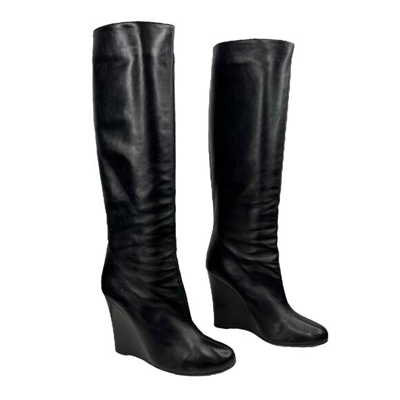 Valentino Garavani Black Leather Knee High Wedge Tall Boot 38.5 Women's Pull On - Picture 3 of 12